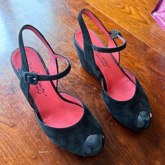 Pa Des Rouge Black Open‎ Toe Wedge Mary Jane Shoes- Size 38.5 (US 7.5) - Picture 1 of 8